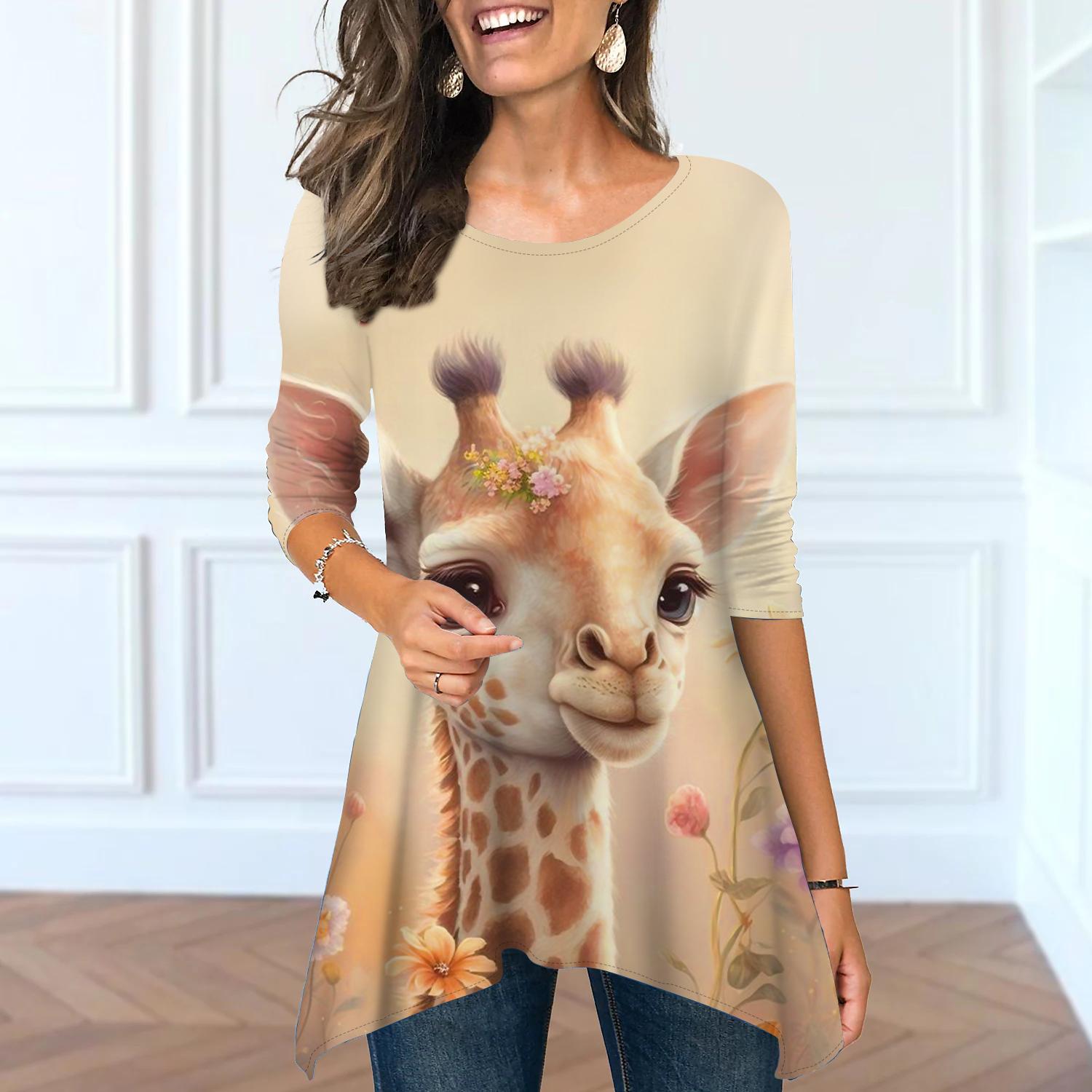 

Женские весенние топы с круглым вырезом и принтом жирафа, модные футболки с длинными рукавами и неровным подолом 8XL дубильная кора