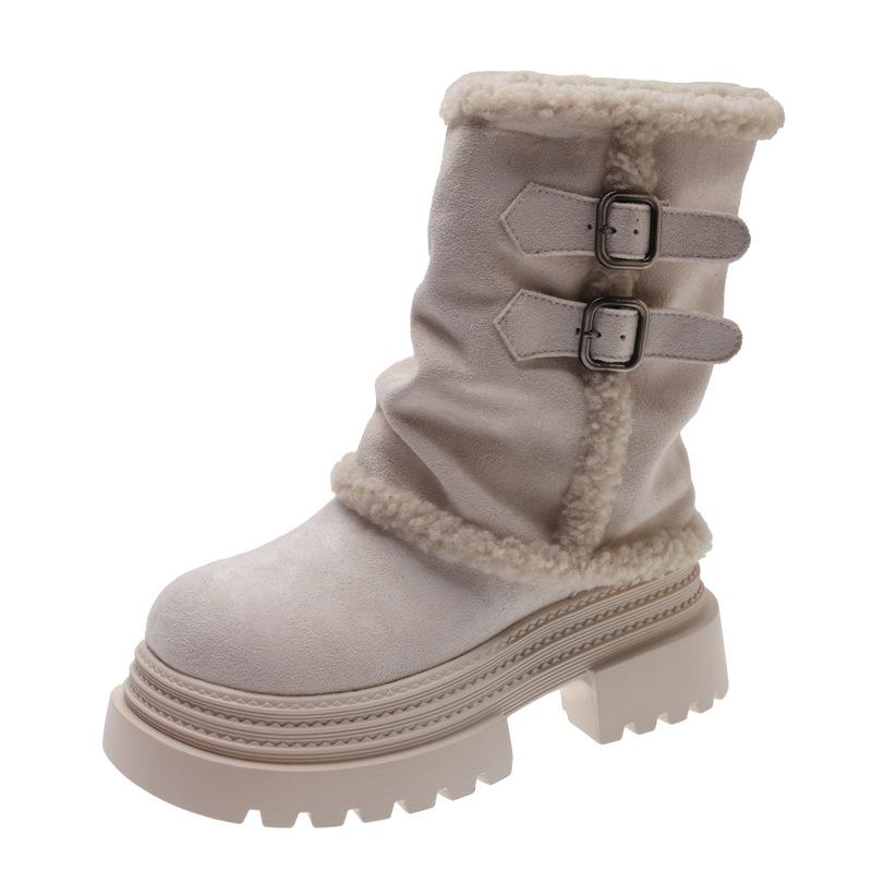 Cowhide version of women's boots with velvet 2025 new winter small height increase medium boots cotton boots muffin Martin boots