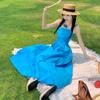 Holiday wind blue pleated suspender dress long dress women's holiday wind beach skirt waist long swing dress