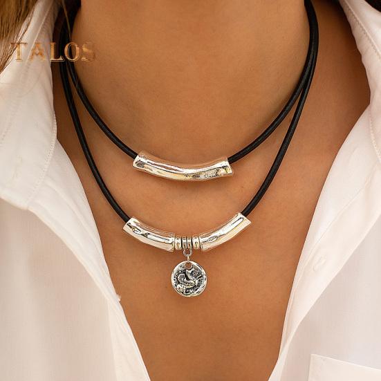 Vintage-Halsband aus Kunstleder mit Metallperlen, mehrlagig, geometrischer zylindrischer Anhänger, Halskette aus Legierung für Frauen und Männer, als Geschenk für den Alltag