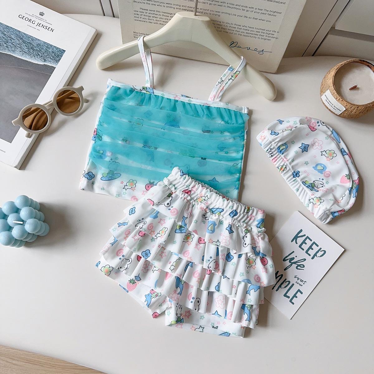 Korean Style Girls Summer Cartoon Mesh Shorts Set with Swim Cap 100
