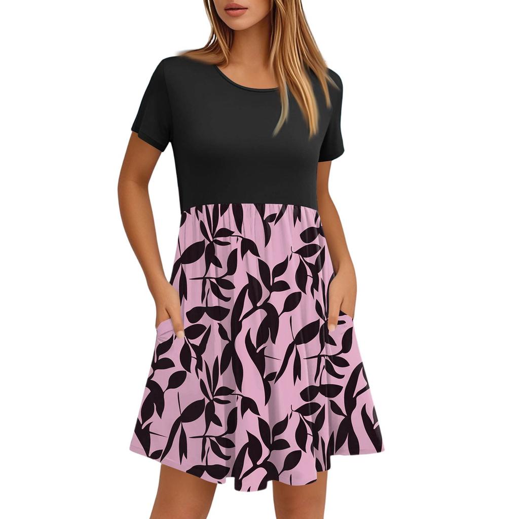 Women's Fashion Casual Loose Round Neck Short Sleeve Printed Pocket Dresses