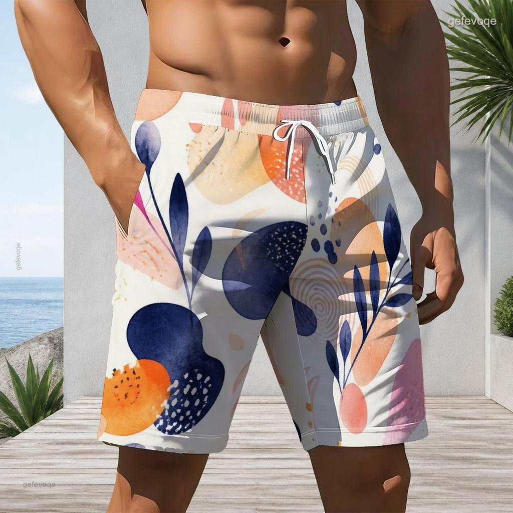 Men s Plus Size Multicolor Printed Beach Shorts Drawstring Waist Side Pockets Straight Leg