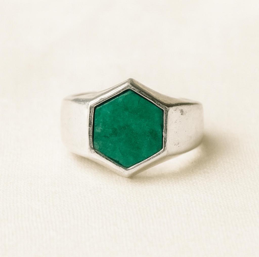 Hexagon Green Emerald Signet Ring, 925 Sterling Silver, Handcrafted Bohemian Ring