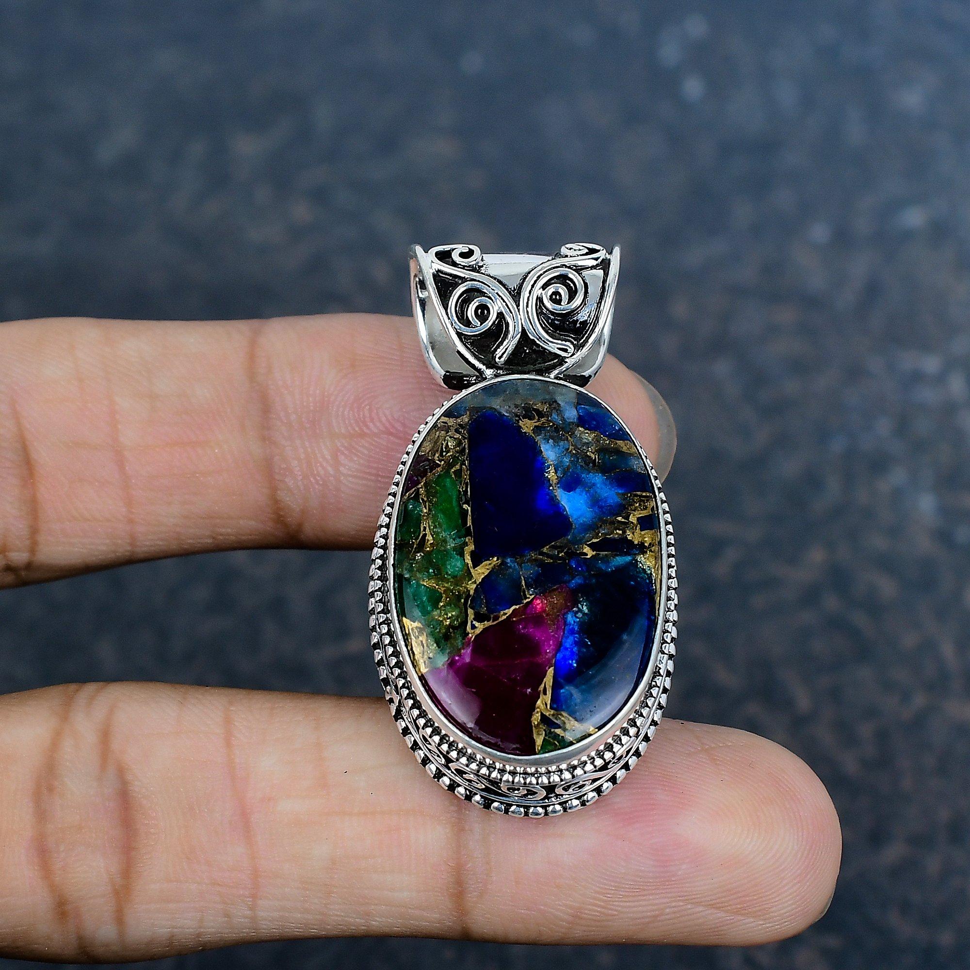 

Многоцветный медный бирюзовый кулон ручной работы с драгоценным камнем, кулон из стерлингового серебра 925 пробы, красивые ювелирные изделия, дизайнерский кулон 1.77 Inches