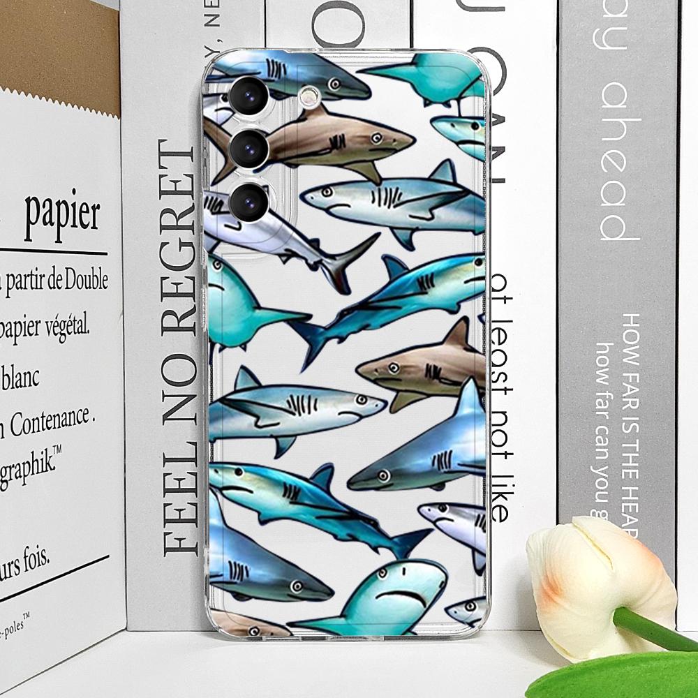Coque de téléphone souple transparente pour Samsung Galaxy A55 A54 A53 A51 A70 A32 A31 A22 13 A52 5G Animaux de l'océan d'été Requin Dauphin Poisson Housse