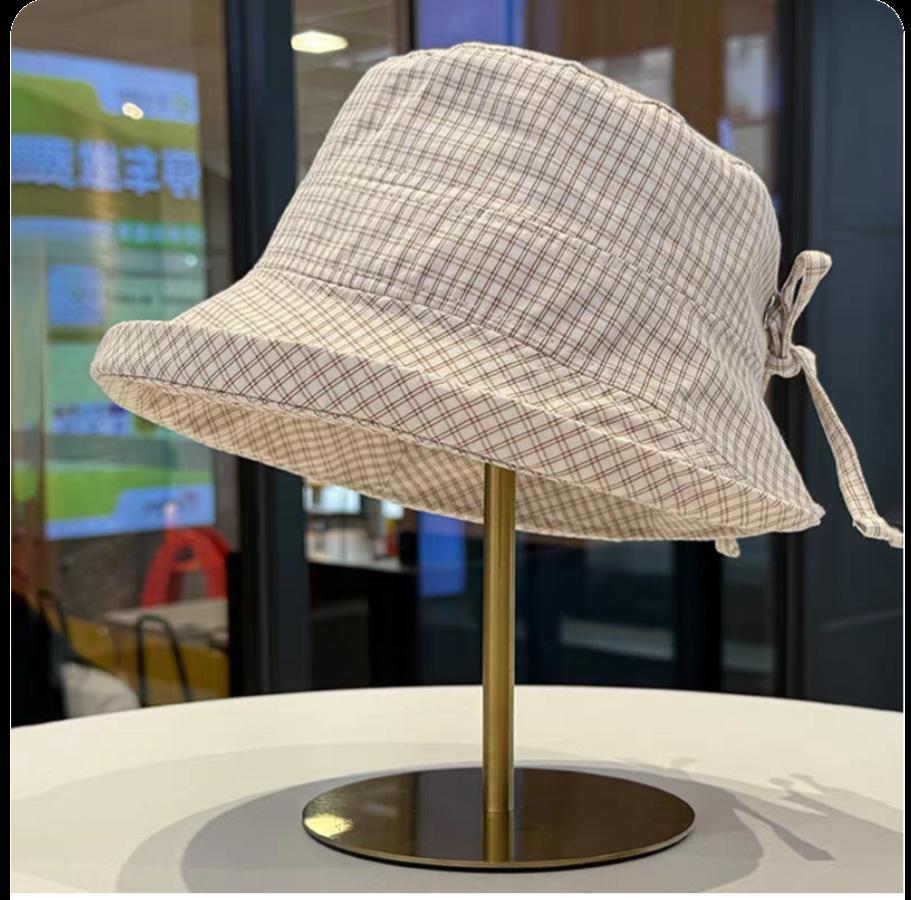 Small fresh plaid bucket hat new curling edge versatile sunscreen hat fashionable big eaves show face small sunshade basin hat