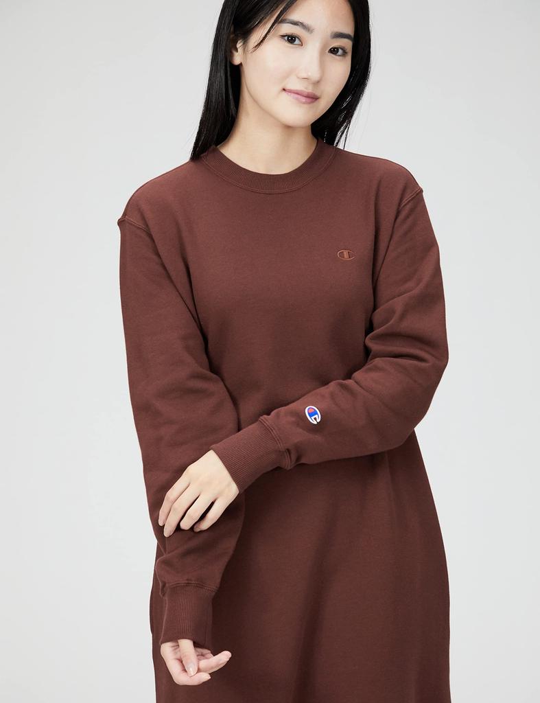 Champion Basic Long Sleeve Cotton USA Crew Neck Sweat Dress with Logo Size S Women's One-Point Embroidery, Brown, (CWSW053Z)