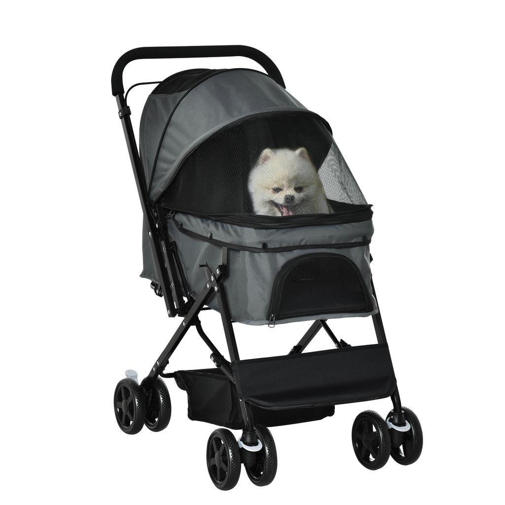 Pet Stroller Pushchair Foldable Travel Dog Cat Carriage w/ Reversible Handle Brake Basket