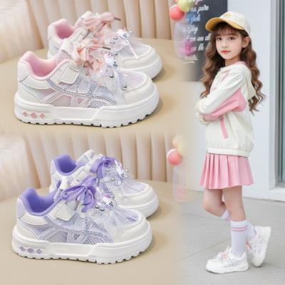 Tênis Brancos para Meninas Sapatos Casuais com Laço de Cadarço Infantil 2026 Novos Tênis da Moda para Meninas Primavera e Outono