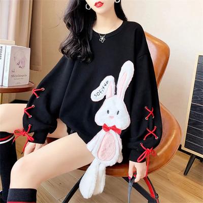 Sudadera de talla grande para mujer, sudadera holgada de terciopelo fino de manga larga con conejo de otoño, jersey para mujer, sudadera sin capucha con cuello redondo