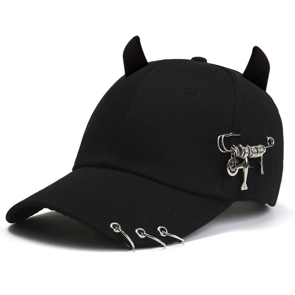 Streetwear Cool Cowhorn Baseball Cap With Metal Ring Embellishments For Urban Style