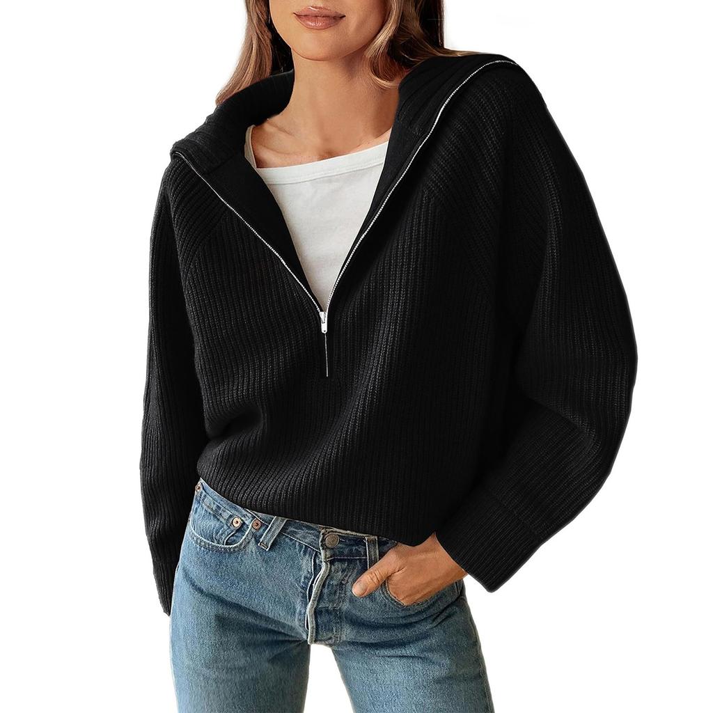 Glidelås Pullover Genser Mote Ensfarge Løs Casual Krage Glidelås Langermet genser For kvinner