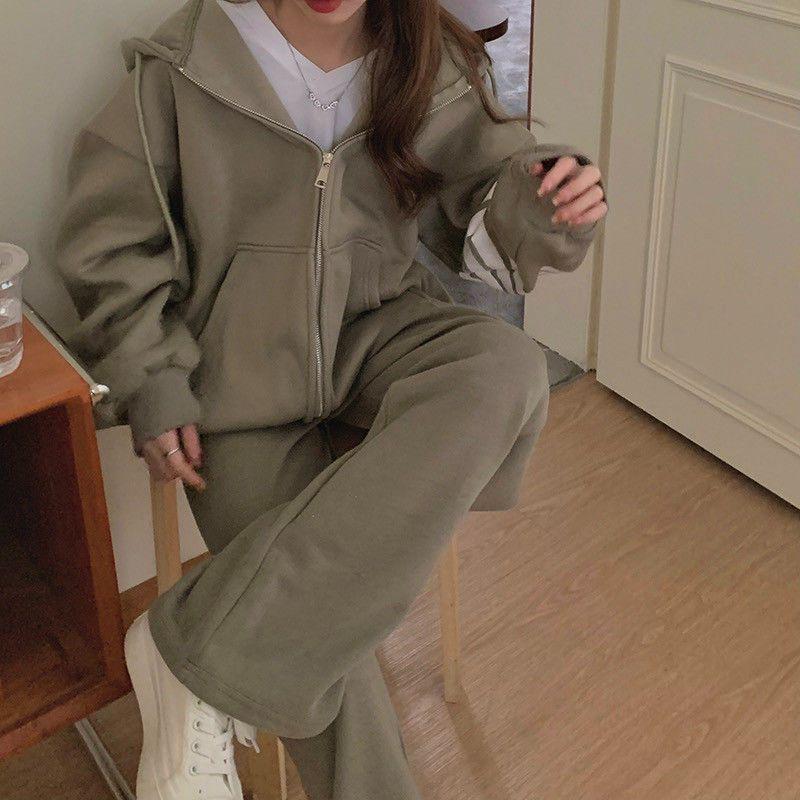Korean Style Women's Tracksuit Set - Loose Zipper Hoodie Casual Fashion for Autumn/Spring