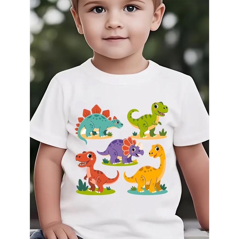 Summer Boys Fashion Short Sleeved T-Shirt Cartoon Dinosaur Print Outdoor Casual Top 110 белый