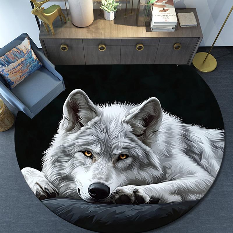 Gray Wolf Round Area Rug,Carpet Rug for Living Room Bedroom Sofa Playroom Decor,Non-slip Floor Mat