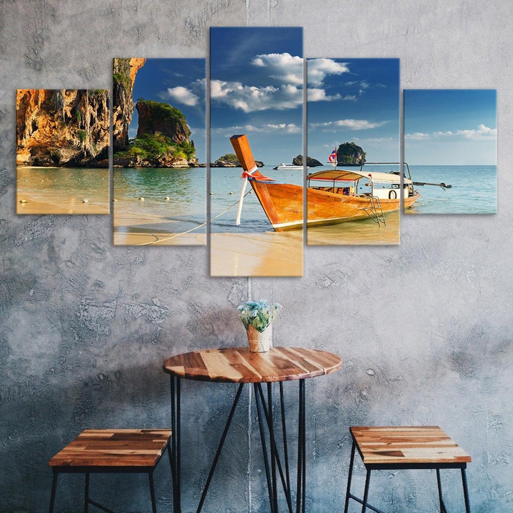 Thailand Island Hopping Boat Seascape 5 Piece Five Panel Wall Canvas Print Modern Art Poster Picture Home Decor Gift For Him For Her