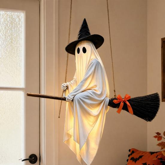 Halloween Hanging Ghost Outdoor Decoration Spooky LED Light Up Witch Ghost On Broom for Home