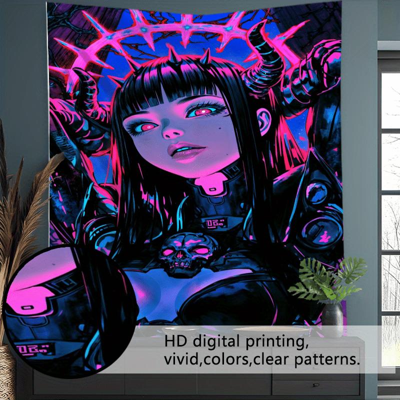 Neon Cyberpunk Warrior Girl Tapestry  Vibrant Wall Hanging with Futuristic Design for Bedroom and Living Room Decor