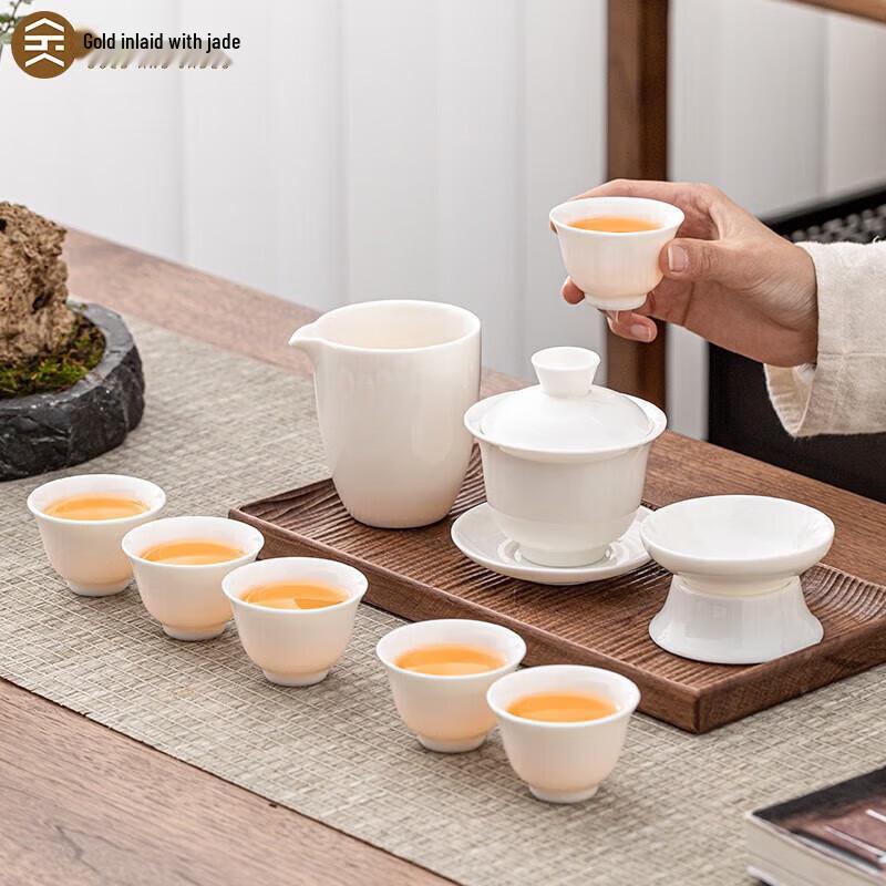 Gold Inlaid Jade White Porcelain Tea Set