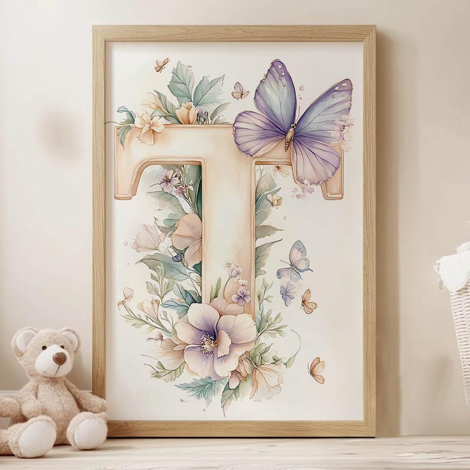 Poster Buchstabe "T" In Blumen Und Schmetterlingen Poster Buchstabe "T" In Blumen Und Schmetterlingen, 30X40 Cm, Ohne Rahmen, Mattes Papier 230 Gsm