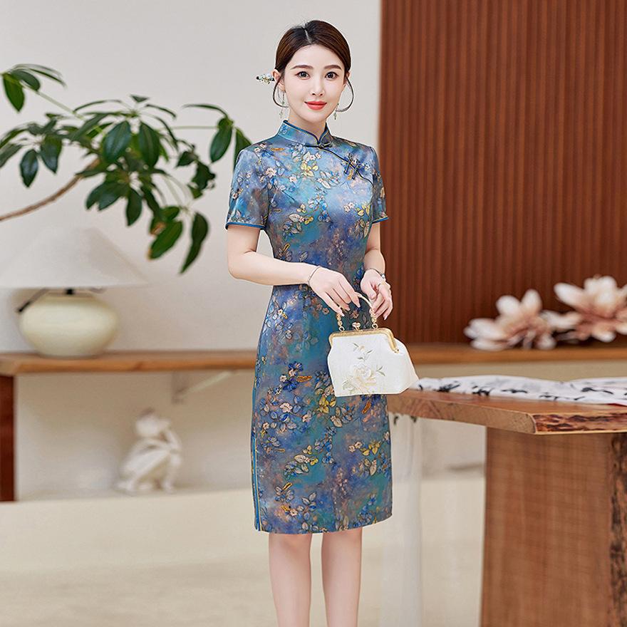 Light Luxury Plaid Retro Silk Dress  New Slim Mulberry Silk Cheongsam Dress