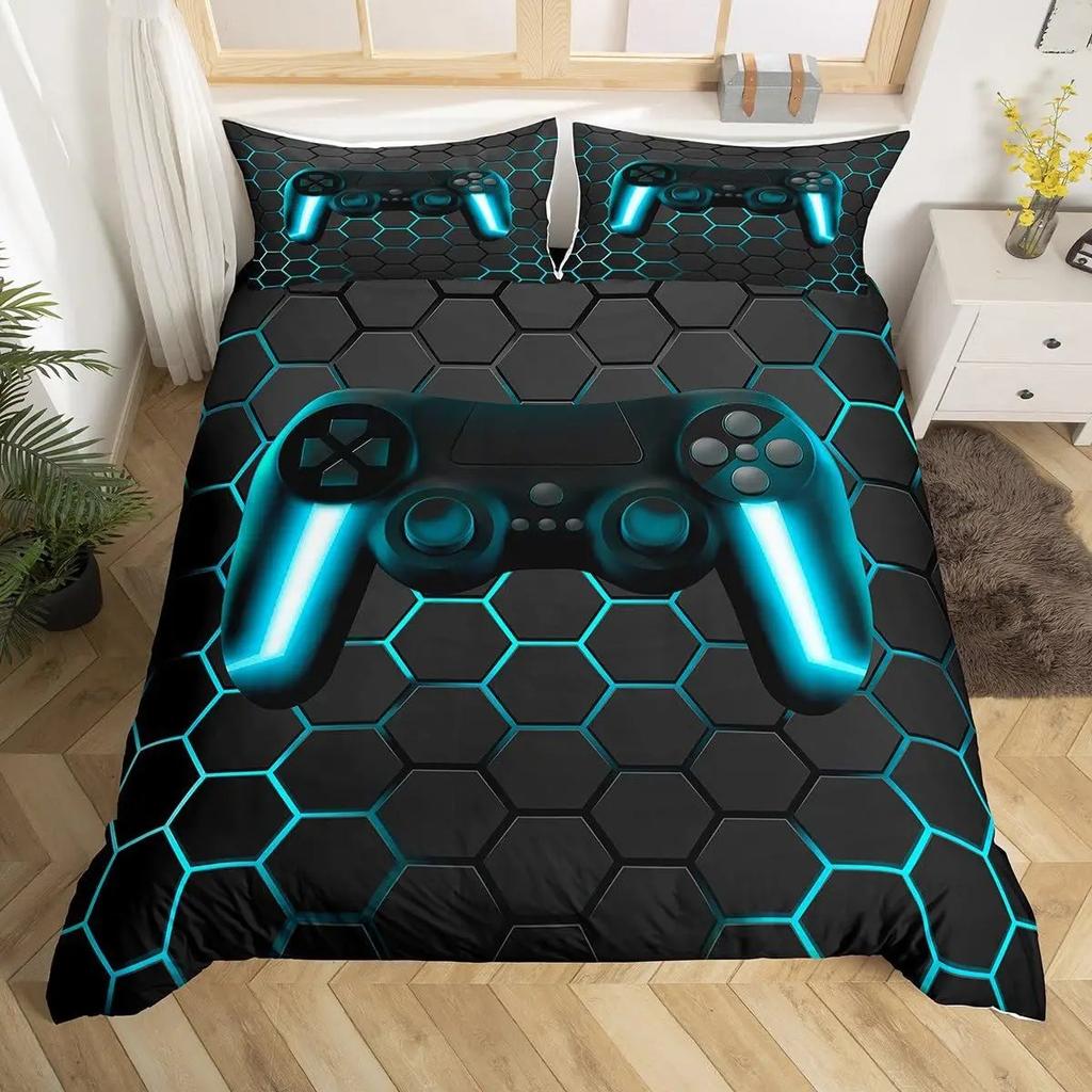 Gamer Game Controller Duvet Cover Set, Neon Hexagonal Gaming Bedding, Soft Quilt Cover Pillowcases for Boys Teens Adults