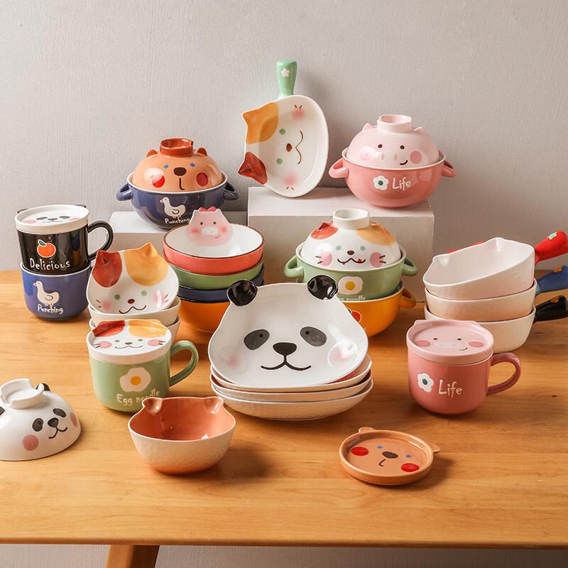 Abay Cute Ceramic Instant Noodle Bowl with Lid and Handle
