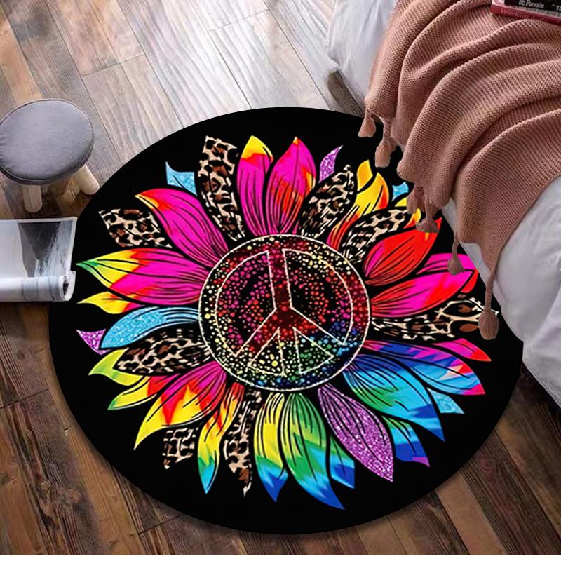 Sunflower Peace Sign Circular Rug Office Decorative Carpet For Living Room Bedroom Door Mat Floor Carpet Computer Chair Area Rug