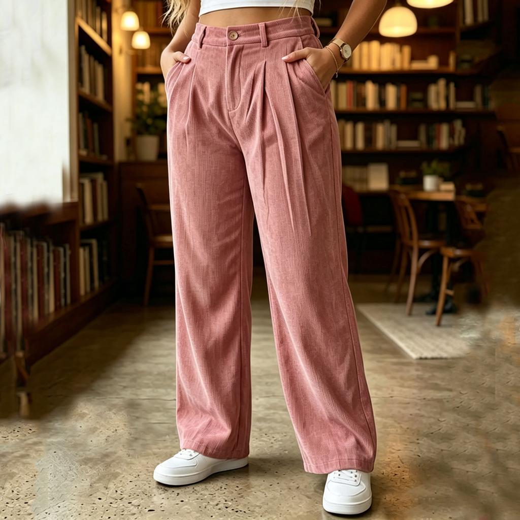 Women's High Waist Loose Fit Wide Leg Corduroy Cargo Pants with Pockets