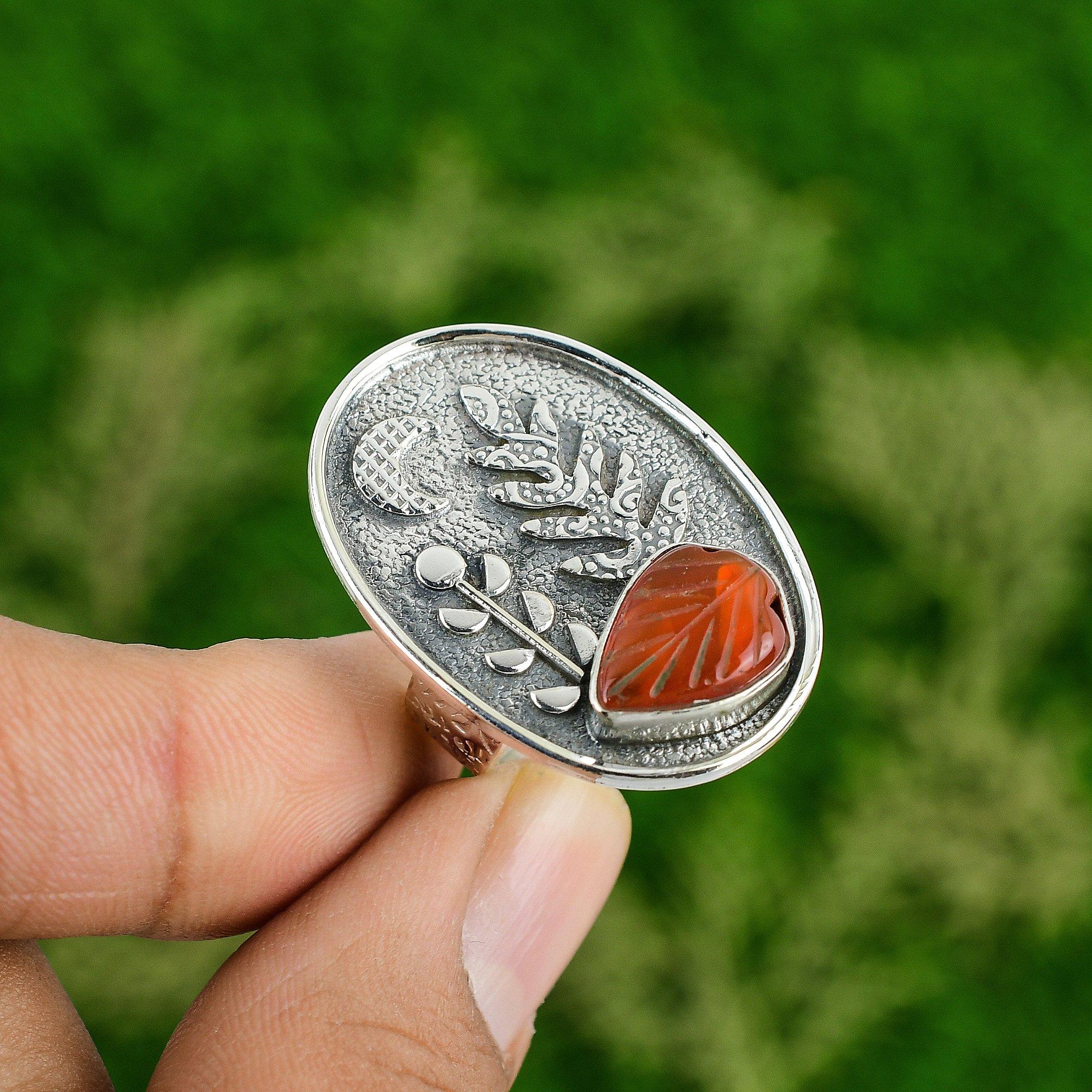 

Natural Carved Carnelian Gemstone 925 Silver Statement Adjustable Ring For Women Adjustable