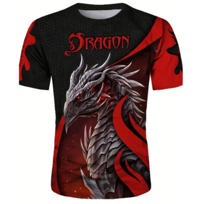 Men's 3D Printed T-Shirt Vintage Dragon Pattern Print Short Sleeve O-Neck Pullover Casual Top