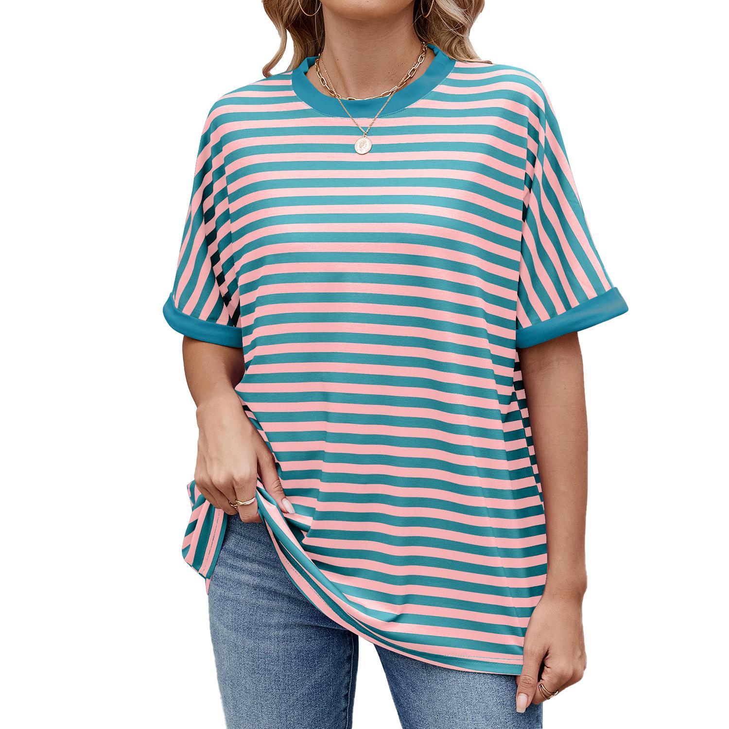 

2025 весна и лето новый полосатый контрастный цвет круглый вырез свободный женский короткий рукав футболка топ M синий/розовый