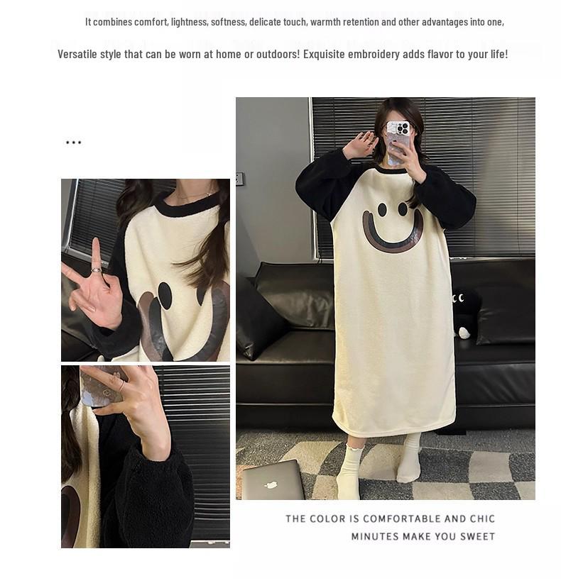 Women's Cartoon Flannel Nightgown – Cute, Cozy, Long Sleeve, Mid-Length Dress for Fall/Winter, Suitable for Home or Outdoors