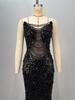Trägerloses Abendkleid mit tiefem V-Ausschnitt, Netzstoff, hoher Taille, Perlen-Serie - Schwarz & Weiß