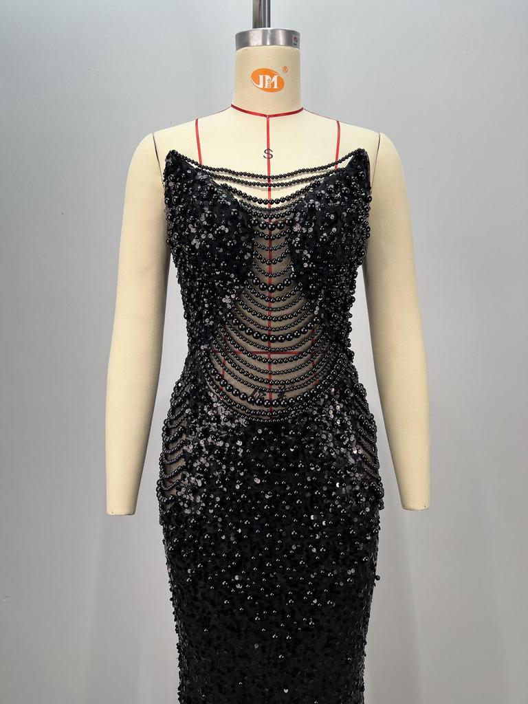 Trägerloses Abendkleid mit tiefem V-Ausschnitt, Netzstoff, hoher Taille, Perlen-Serie - Schwarz & Weiß