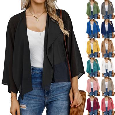 Damen Locker Ausgestellte Ärmel Einfarbig Chiffon Kurzer Cardigan Sonnenschutz-Oberteil
