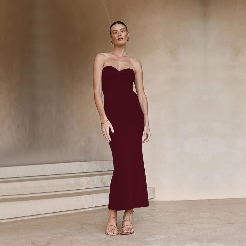 Sexy Women's Spring and Summer Knitted Cross Over Shoulder Fashion Sexy Wool Weaving Dress Sleeveless Irregular Wrapped Chest Long Dress