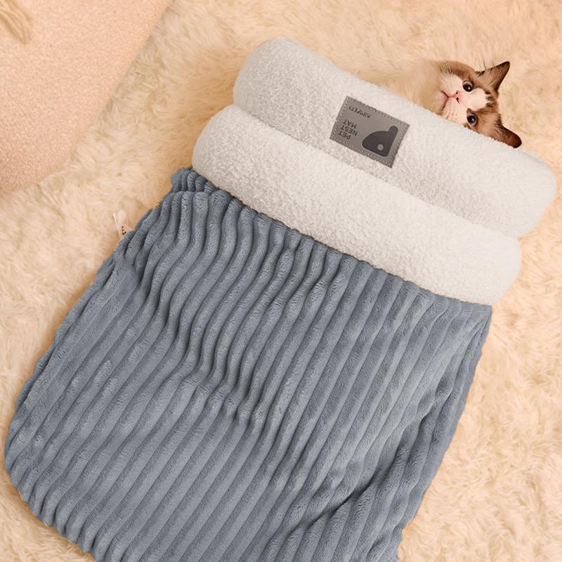 Katzen Schlafsack Halbgeschlossen Katzen Hunde Wärmepad Weicher Plüsch Winter Warm Gemütliche Betten Zubehör für Katzen Kleiner Hund