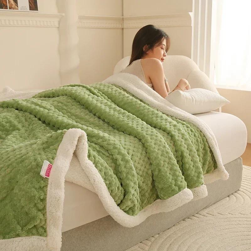 Fleece Autumn Winter Warm Blankets for Beds Sofa Soft Skin Friendly Faux Lambswool Blanket Flocked Comforter
