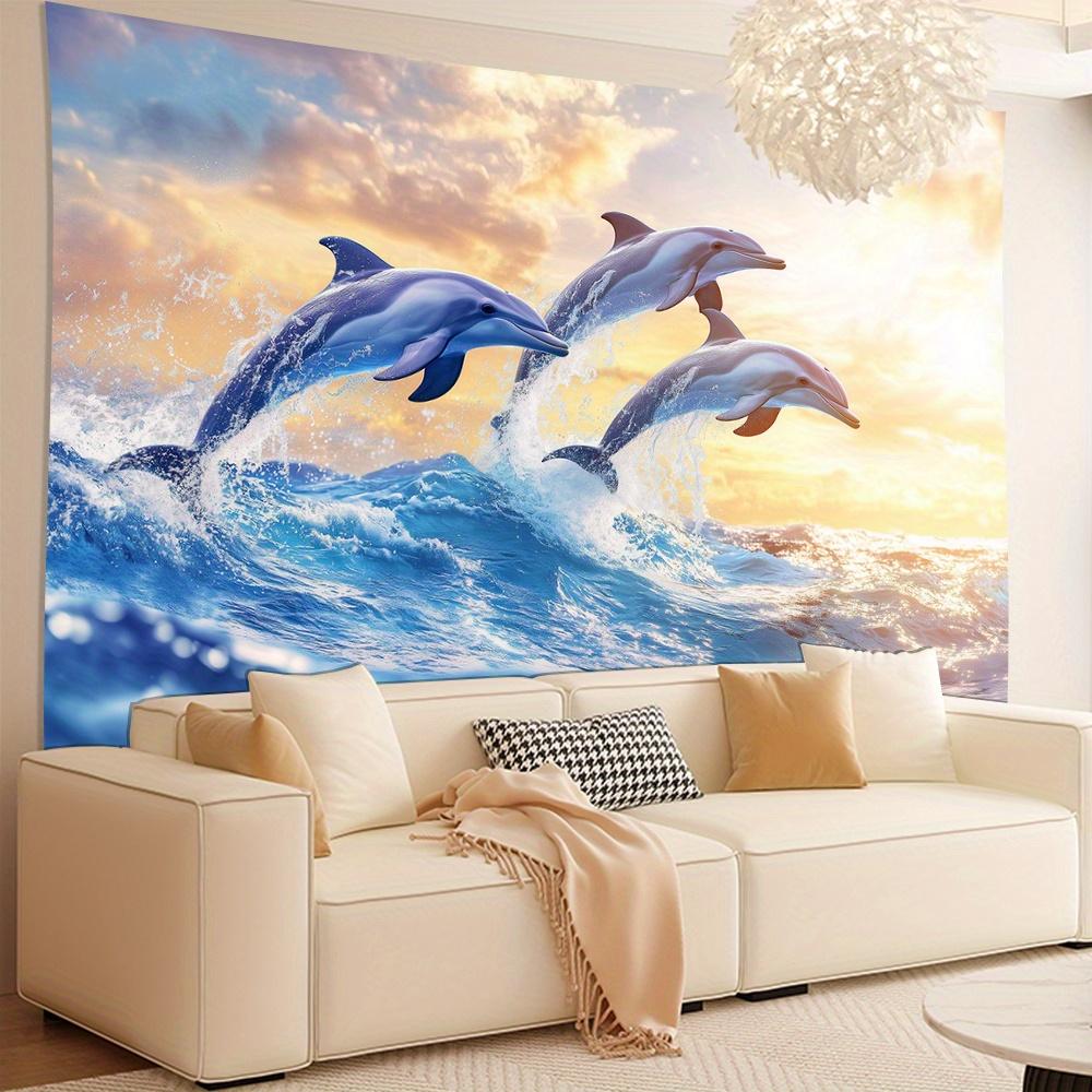 Sonnenuntergang Delfin Wandteppich, Springende Delfine in Blauen Meereswellen, Großartig für Wohnzimmer Schlafzimmer Wanddekoration im Küstenstil