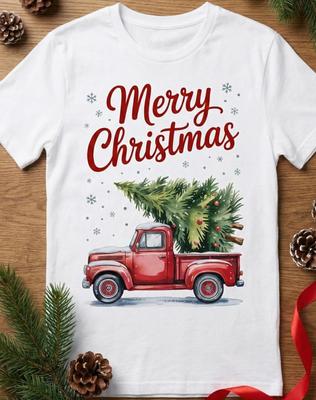 Vintage Red Truck Christmas T-shirt, Unisex Merry Christmas Tree Tee, Farmhouse