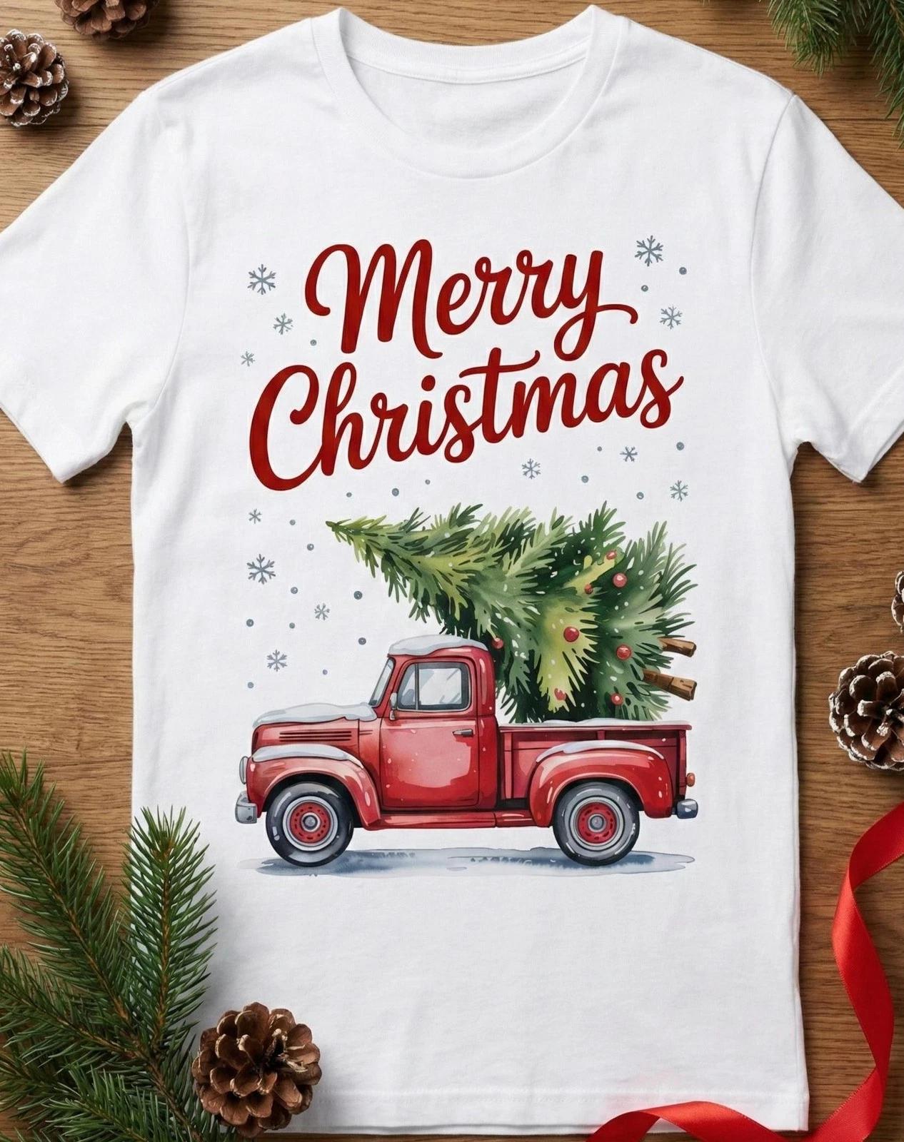 Vintage Red Truck Christmas T-shirt, Unisex Merry Christmas Tree Tee, Farmhouse 2XL