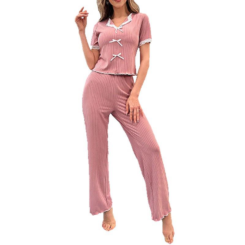 Women's Sweet Lace Pajama Set: Summer V-Neck Short Sleeve Top & Long Pants