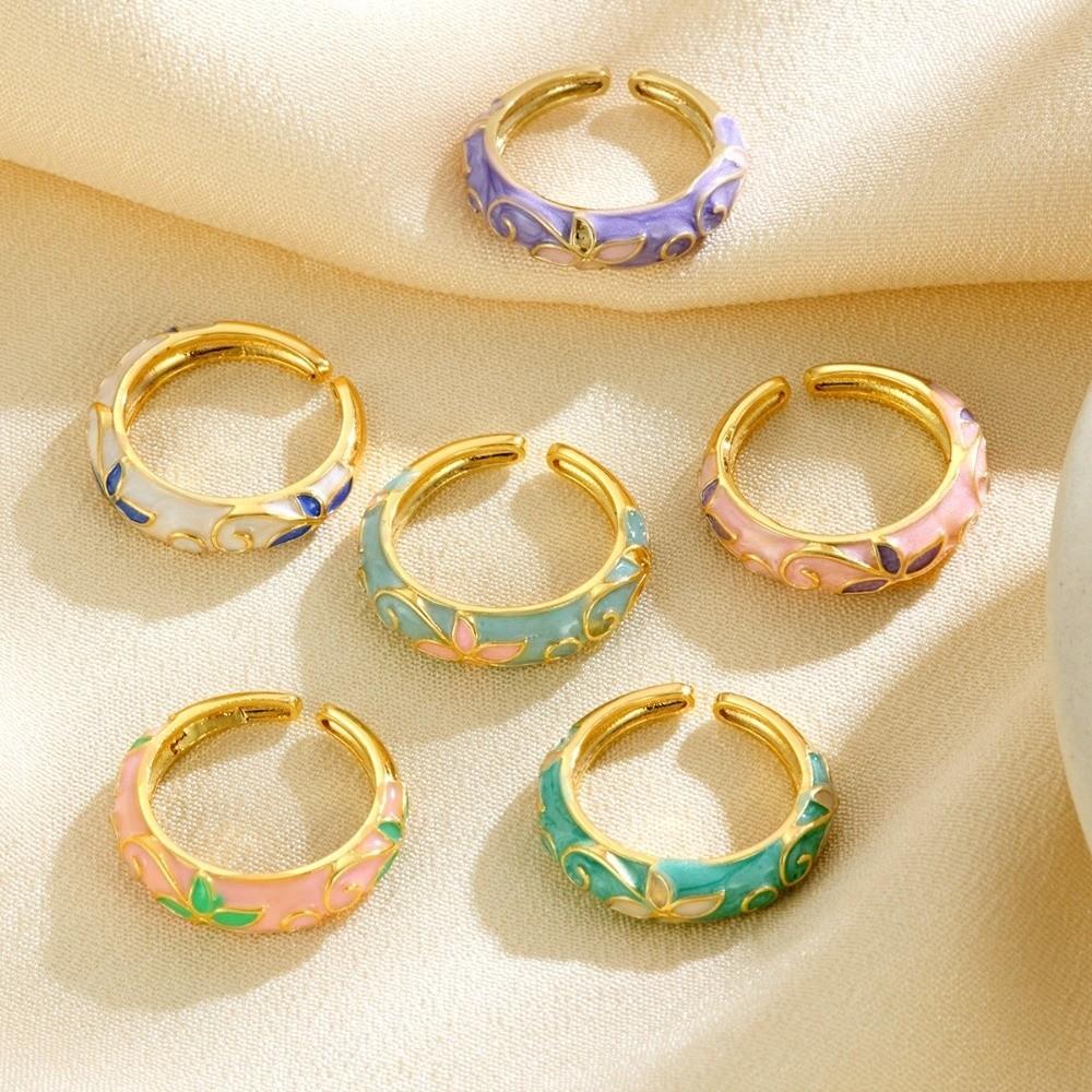 Colorful Oil-Drop Enamel Ring Versatile Drip Glazing Ring Vintage Flower Open Ring  Wedding