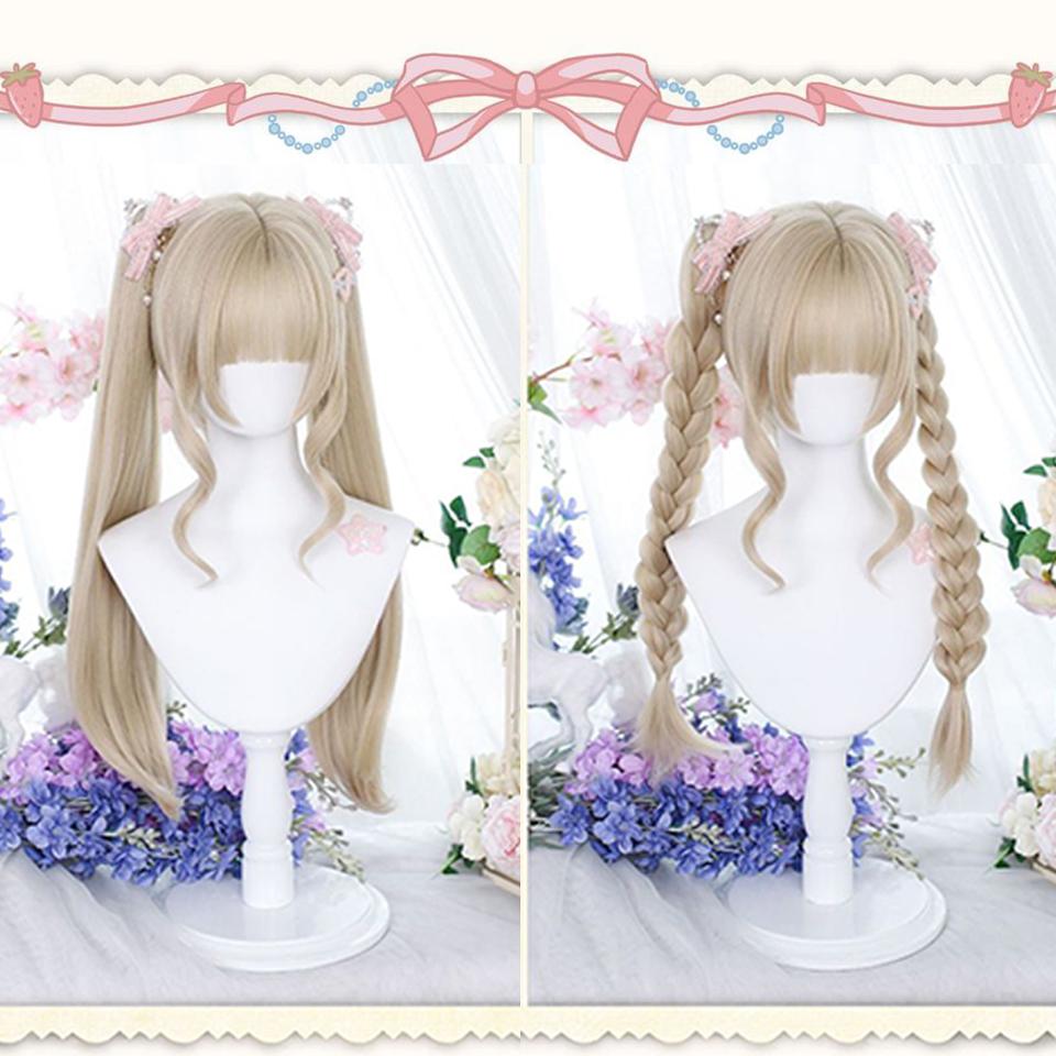 Long Straight Hair Double Ponytail Synthetic Wig Female Straight Bangs Lolita Cosplay Festival Straight Hair Double Ponytail Wig