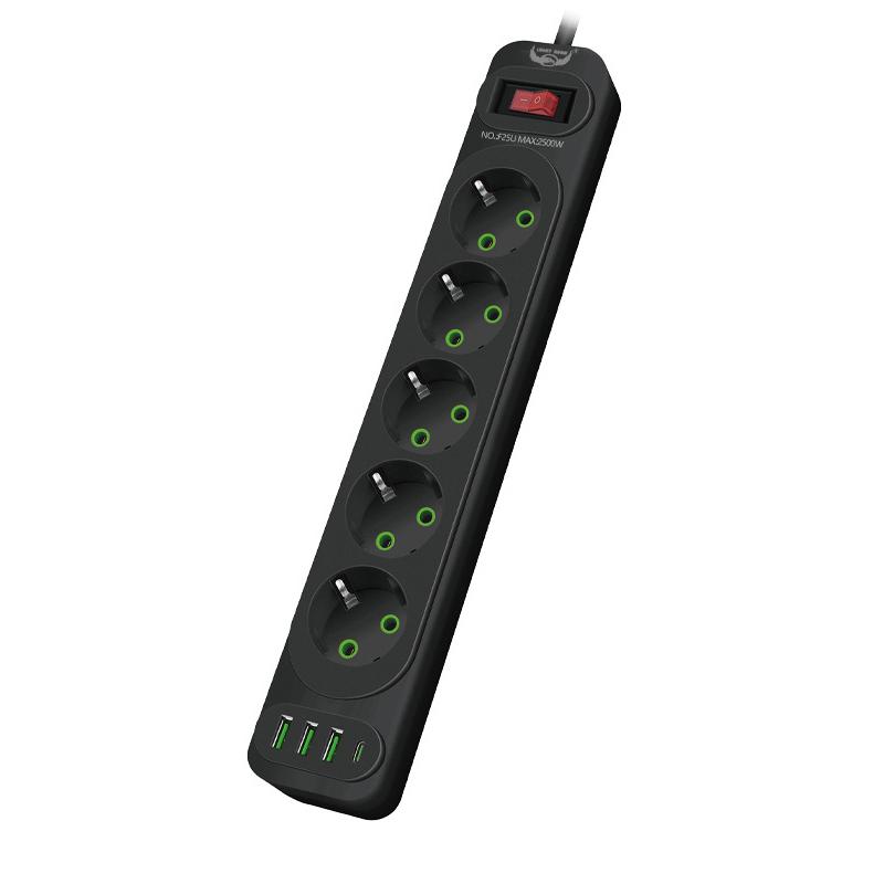 EU Plug Power Strip 5 AC Outlet Multitap Extension with 4 USB Ports 2m Cord Electrical Socket 2500W Fast Charge Surge Protector