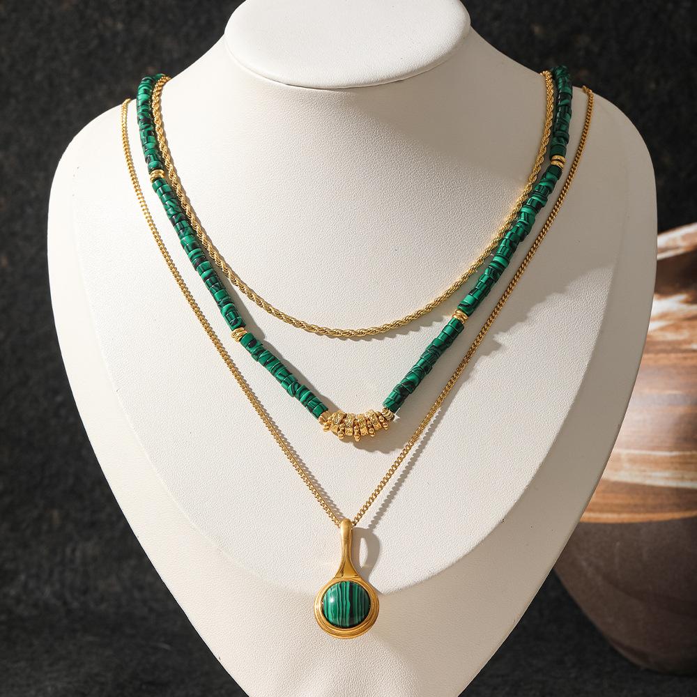 European and American malachite beaded necklace brass gold-plated non-fading niche ethnic style neck chain light luxury stacked collarbone chain