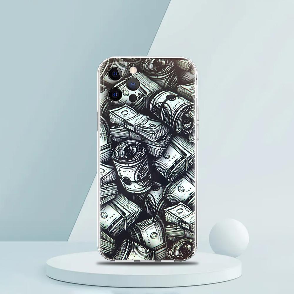 USD Dollar Cash Luxury Soft Transparent Phone Case Cover for iPhone 16 15 14 13 12 11 Pro Max XR 8 7 Plus XS Max Shockproof Bag
