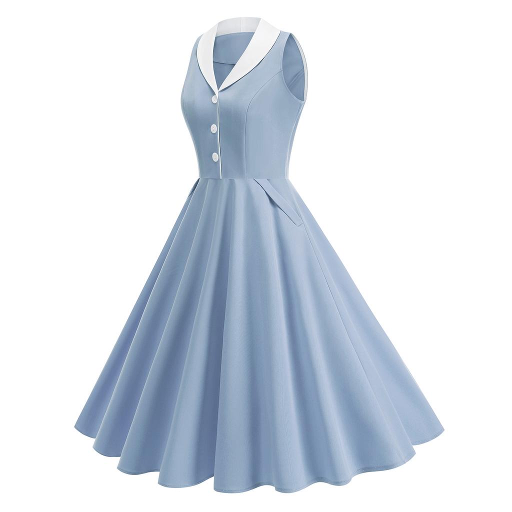 Retro-style Fitted Waist, Colour-blocked Collar, Mid-length Flared Dress for End-of-year Performances